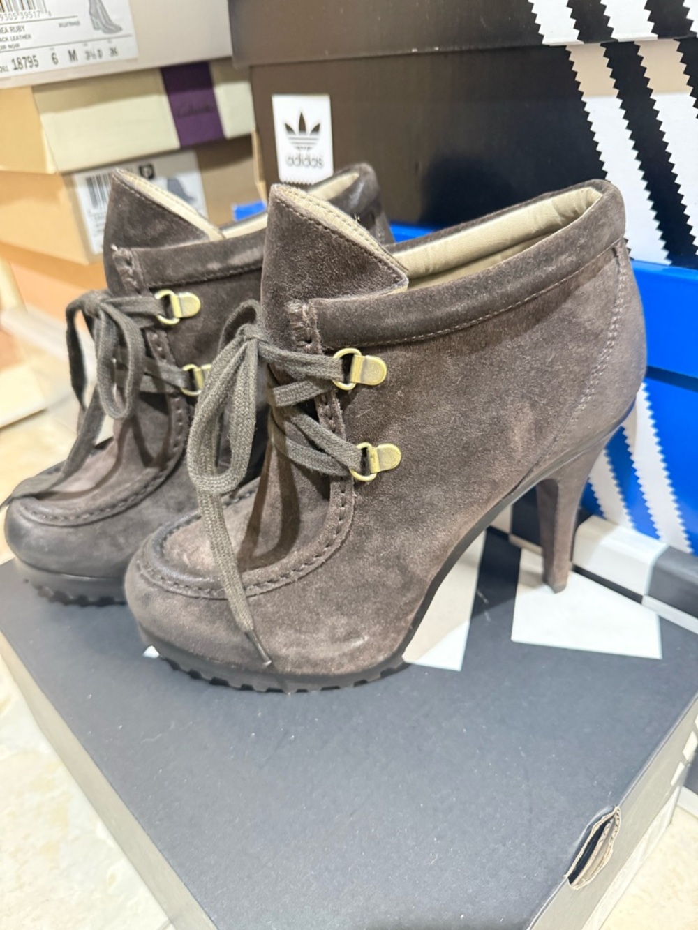 Gunmetal Suede Lace-Up High Heel Ankle Booties in Brown